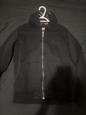 Burberry Black Men’s Zip-Up Puffer Hoodie with Signature Plaid Trim